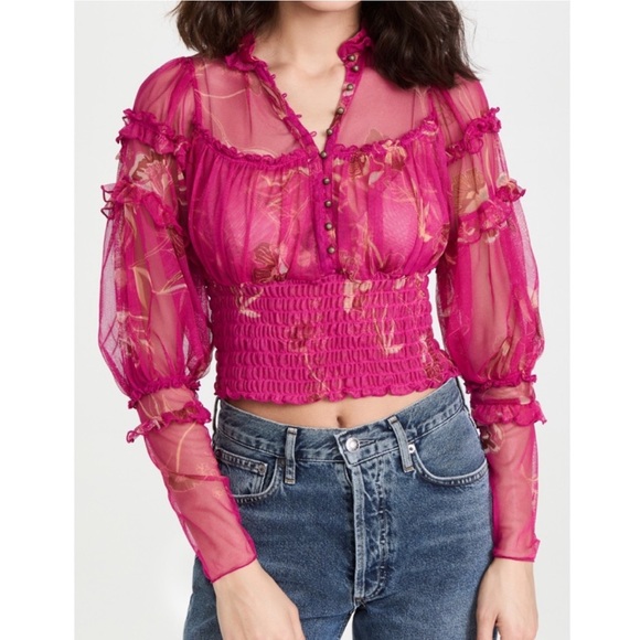 NWT Free People Time For Shine Smocked Puff Sleeve Balloon Sleeve Top - Picture 1 of 11